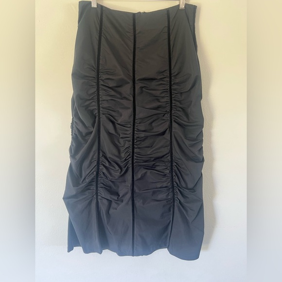 Ronen Chen Black Cotton & Velvet Striped Ruched Midi Skirt - Picture 2 of 7